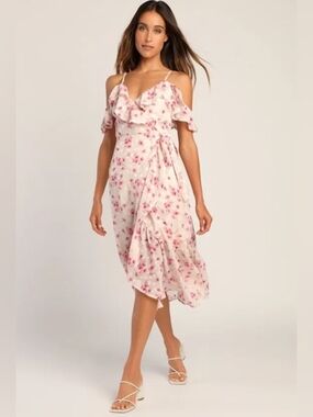 Lulus Bright Weather Blush Floral Pink Jacquard Cold-Shoulder Wrap Dress